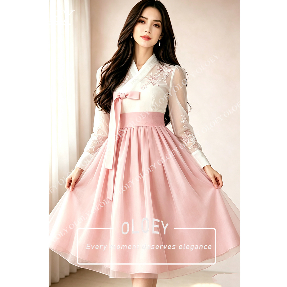 Hanbok Modern Set - OLOEY Modern Pembe Aplikeli Kısa Hanbok
