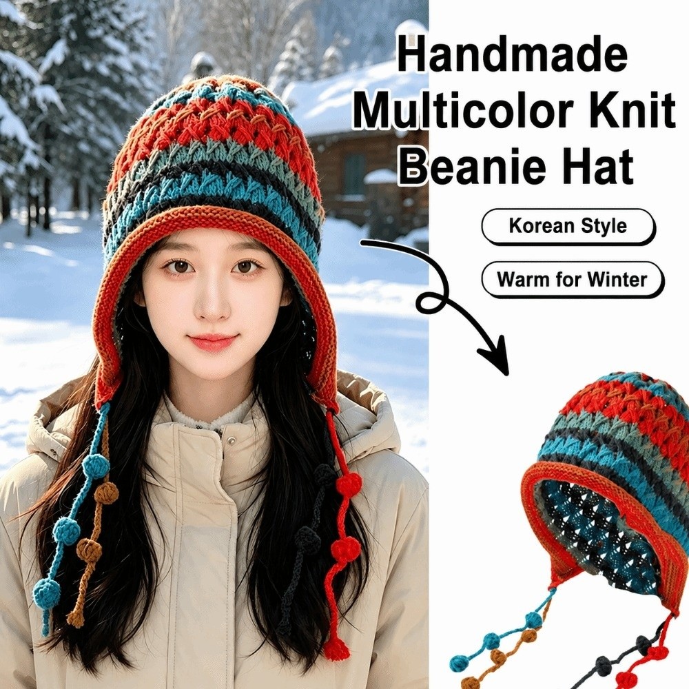 Winter Ethnic Fashion For Women - Moda Gökkuşağı Çizgili Örme Yün Şapka