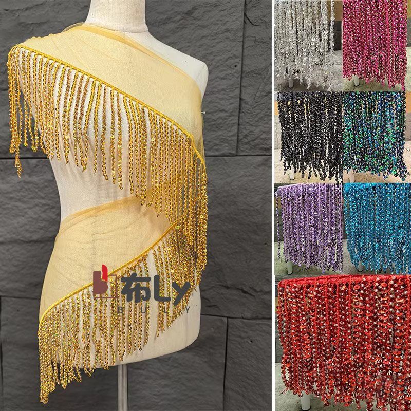 Ethnic Fashion Design - 15cm Boncuklu Pul Payetli Saçaklı Şerit,