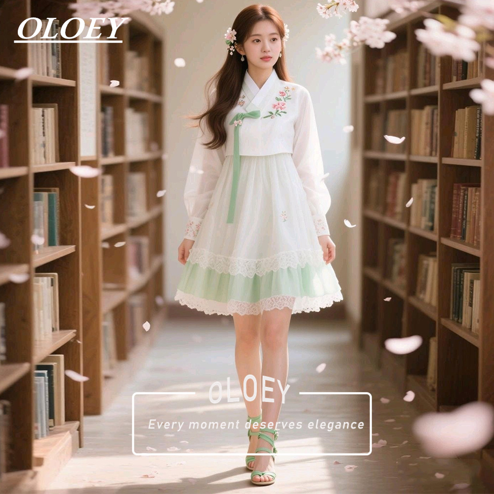 Hanbok Modern Set - OLOEY Modern Yeşil Fildişi Kısa Konser